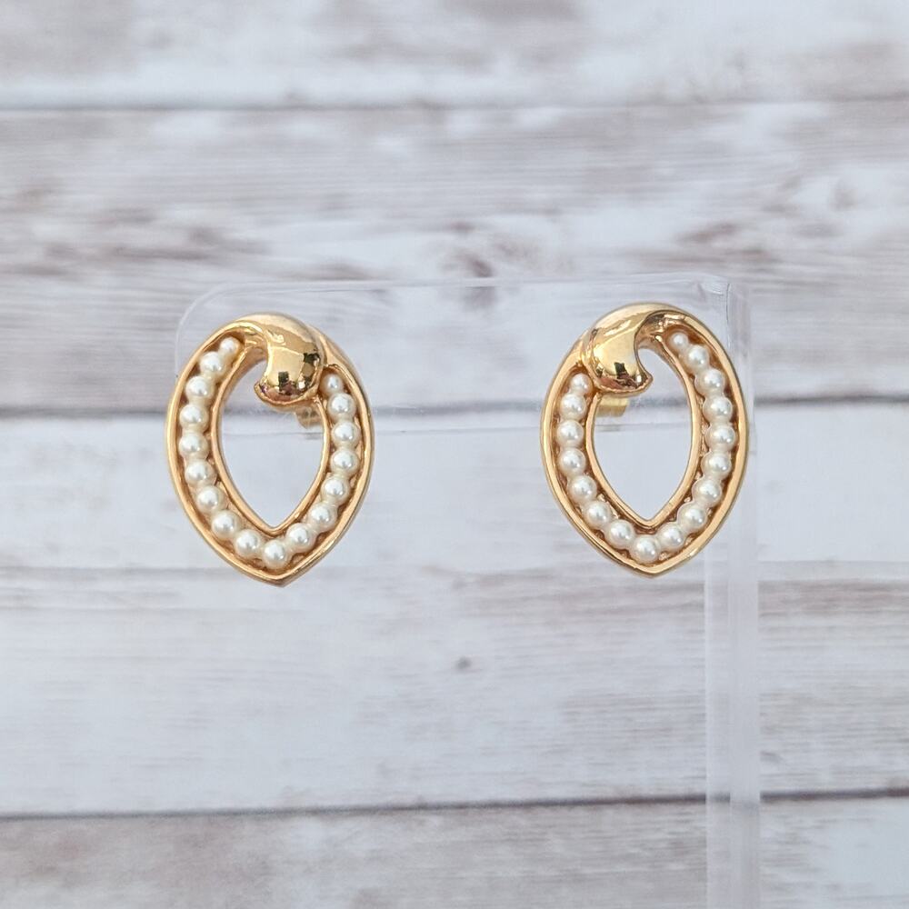 Vintage Stud Earrings Stunning Statement Gold Tone & Faux Pearl